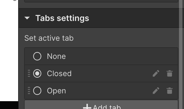 a picture of the Webflow Tab settings. The options are Closed and Open