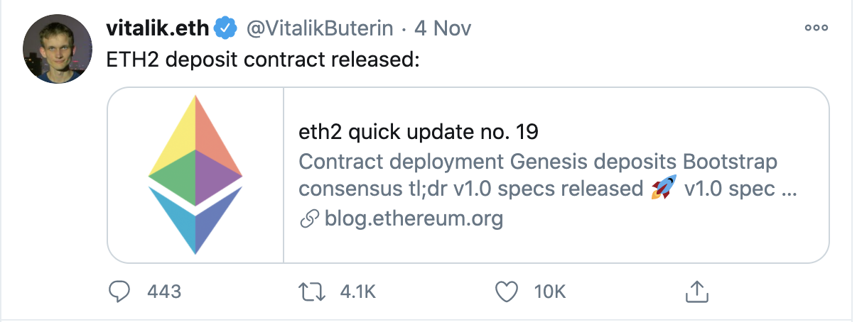 Tweet from Vitalik Buterin on Ethereum 2.0