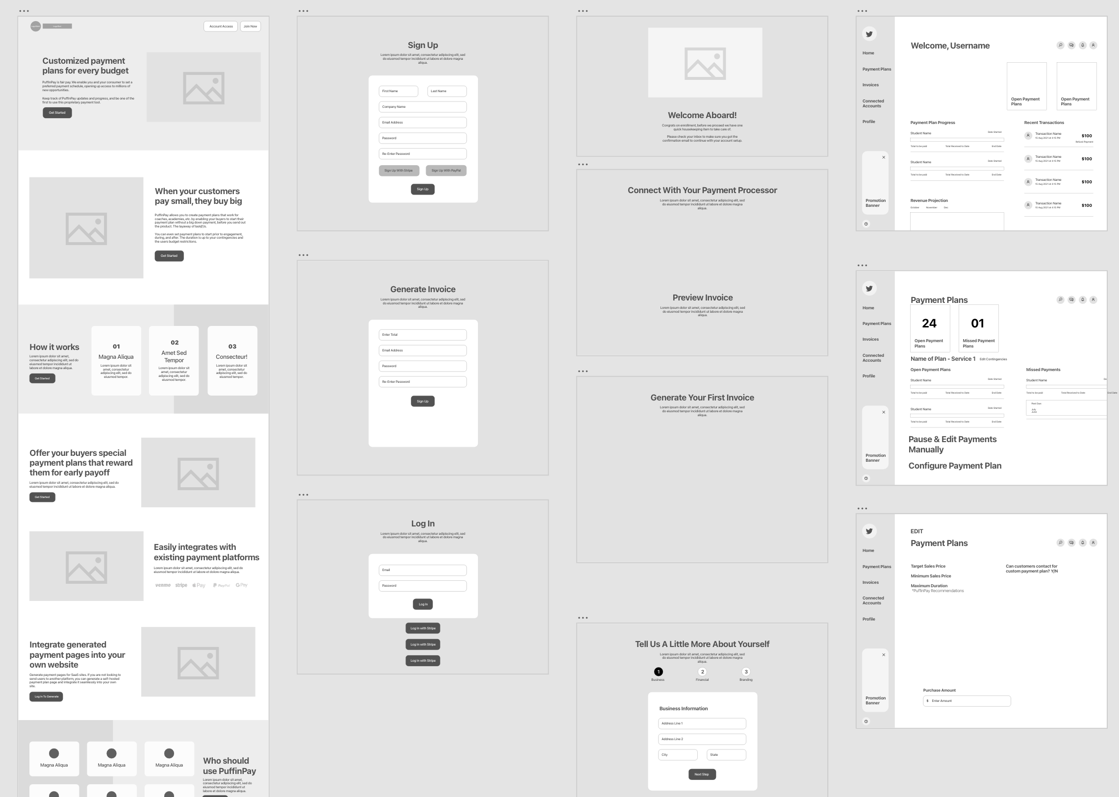 wireframe board showing different ideas for landing page and email templates for the new brand