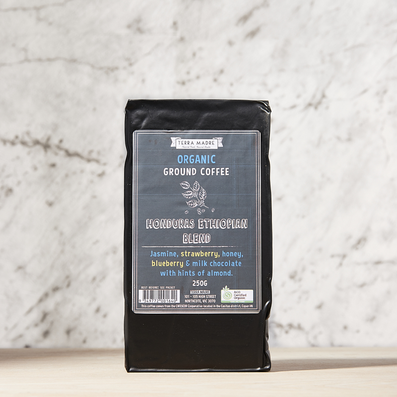 Coffee Honduras Ethiopian Blend Organic Ground 8 x 250gms