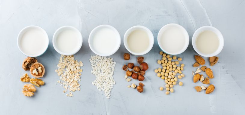 view from atop of different types of milk alternatives laid out
