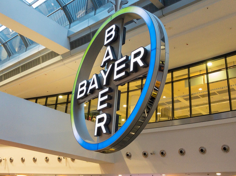 Illuminated sign of German pharmaceutical company Bayer AG in Frankfurt, Germany.