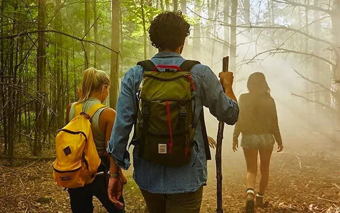 Group of friends hiking through a forest