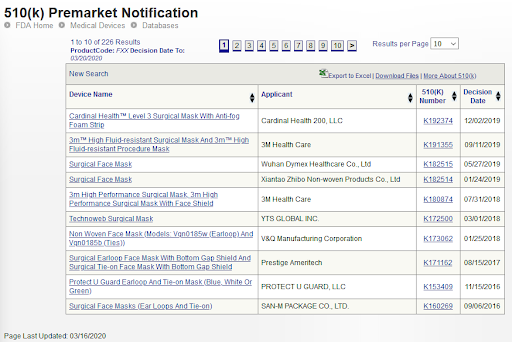 screenshot of FDA site regarding PPE masks coronavirus covid-19