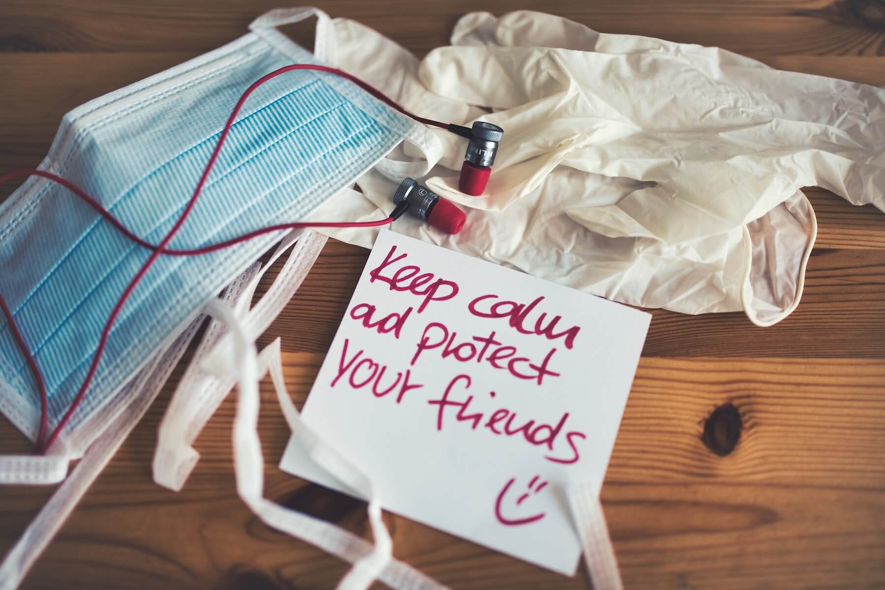 surgical masks and gloves on table with headphone and note keep calm and protect your friends being a nurse in 2020 proud to be a nurse