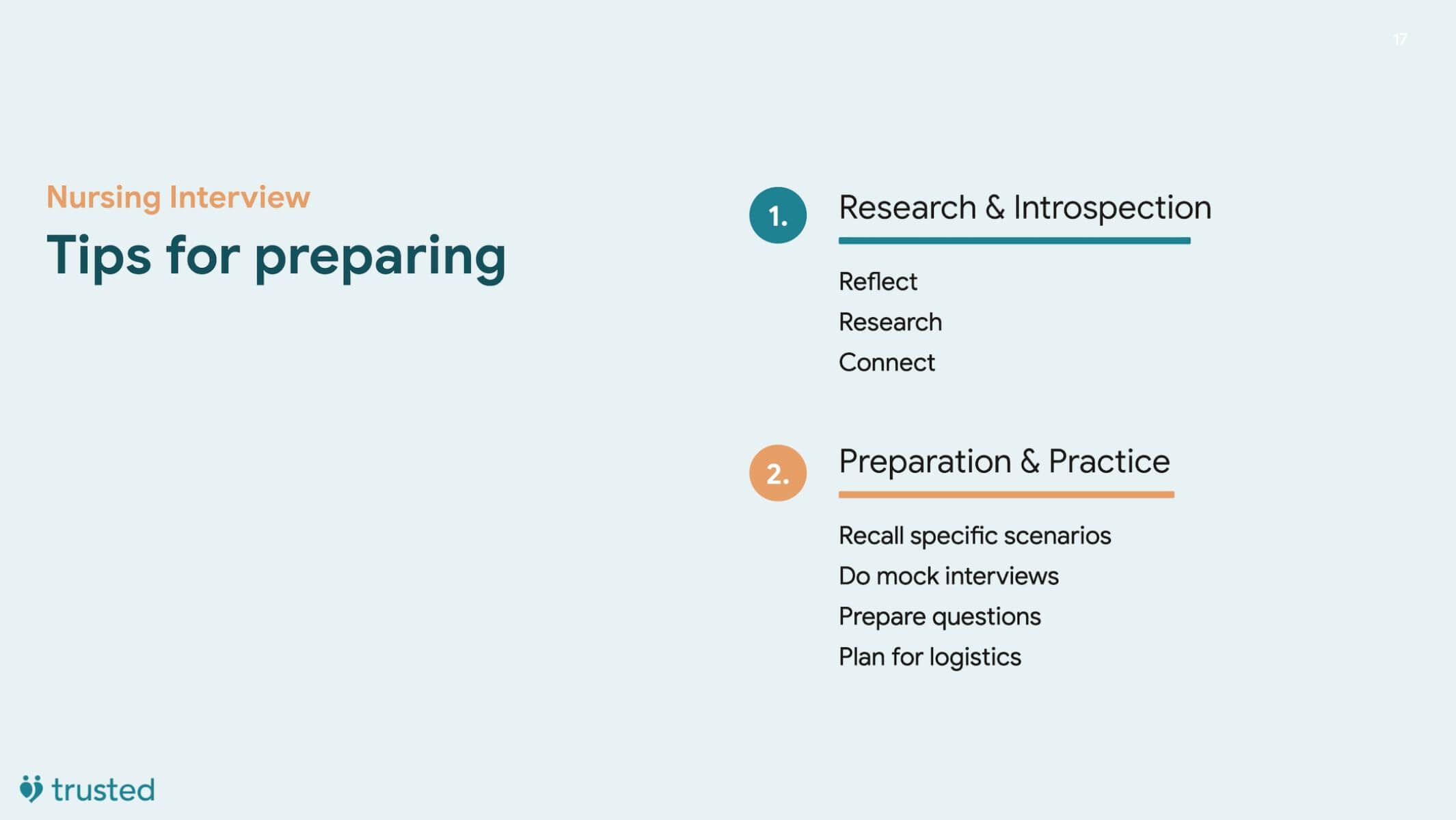 introduction slide to interview preparation highlighting the specific bullets of research and preparation