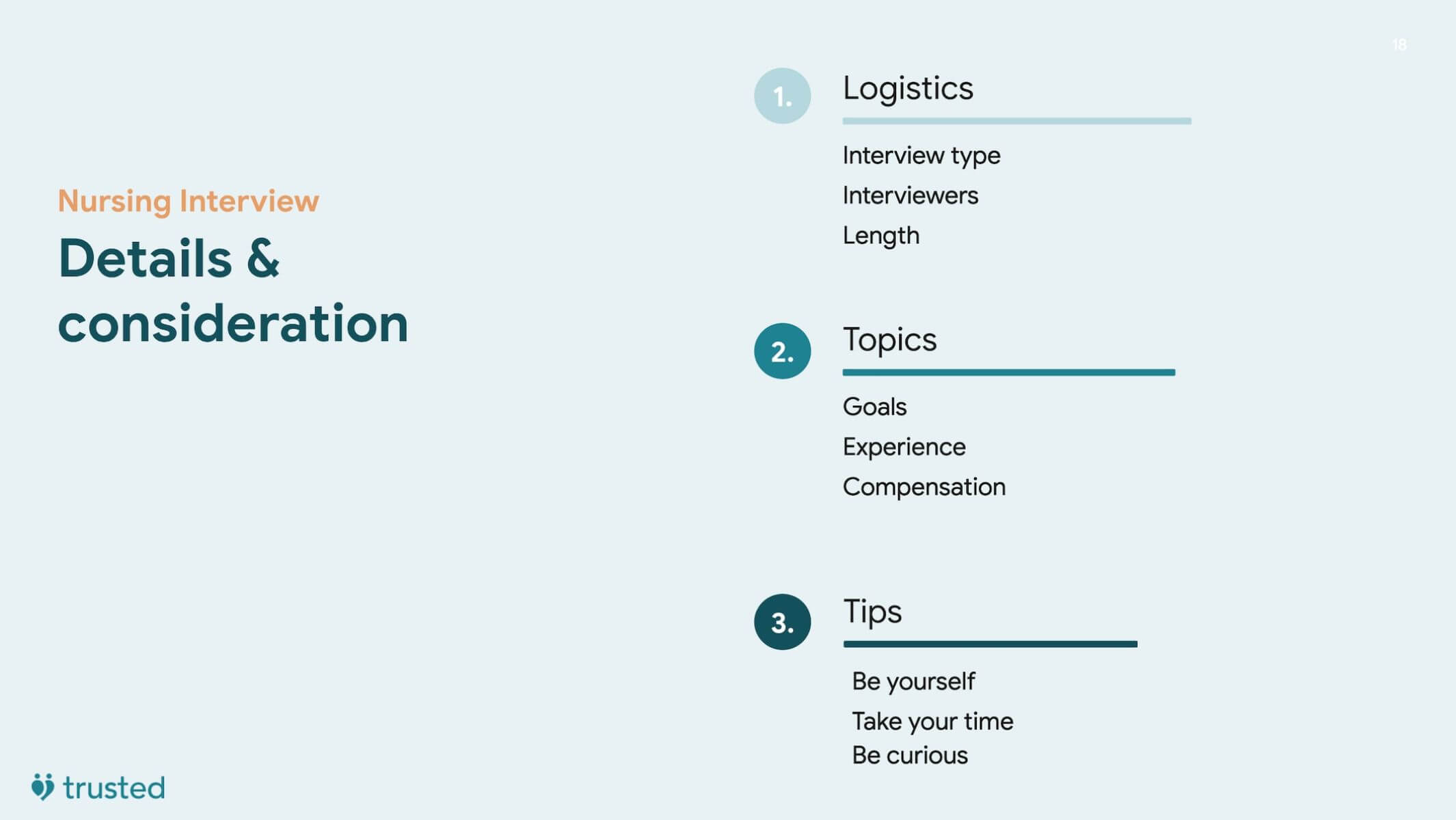 introductory slide highlighting the importance of logistics, topics, and tips when preparing for your nursing interview