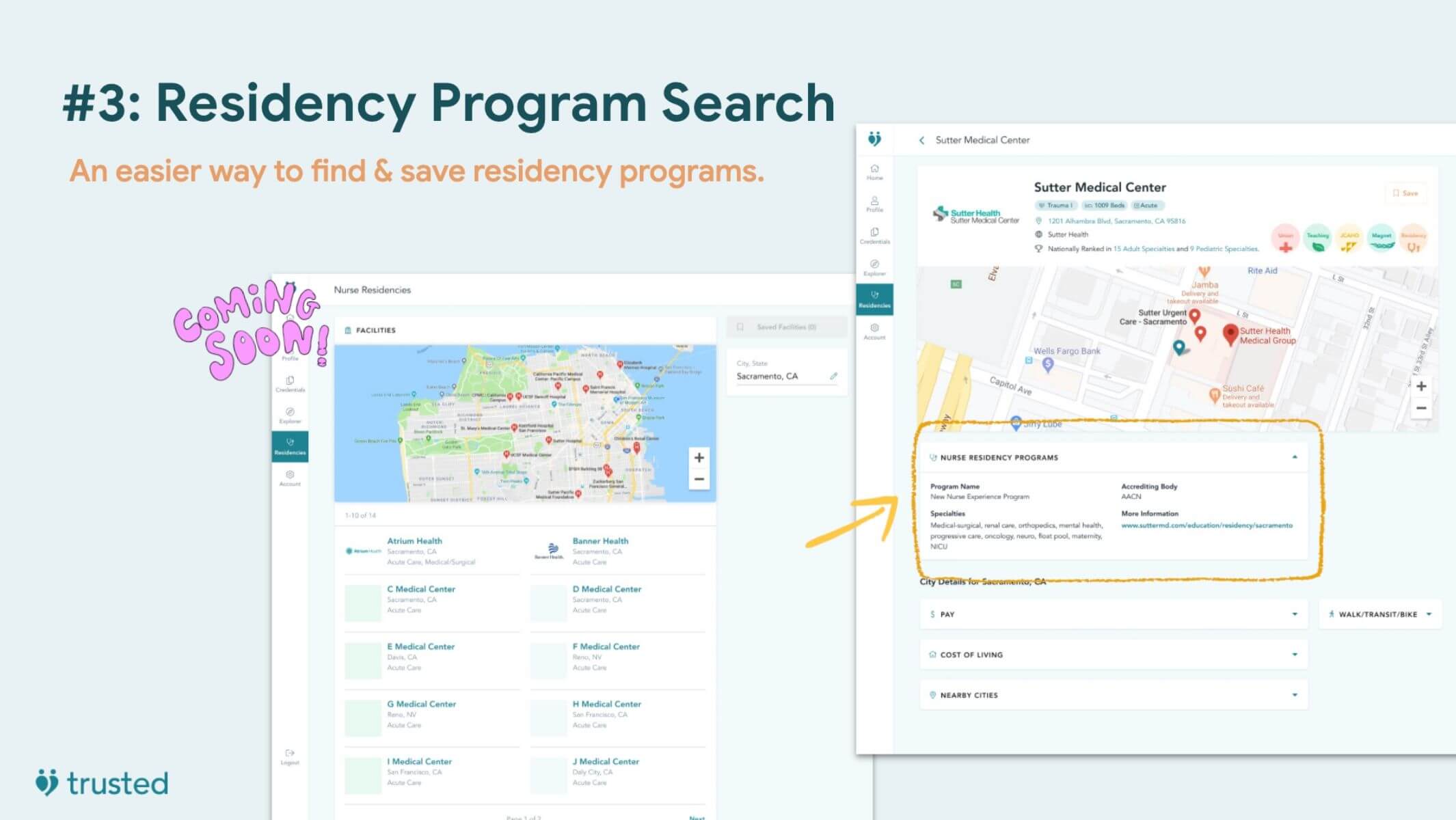 slide previewing the nursing residency program search soon to be added to the trusted health platform for new grads