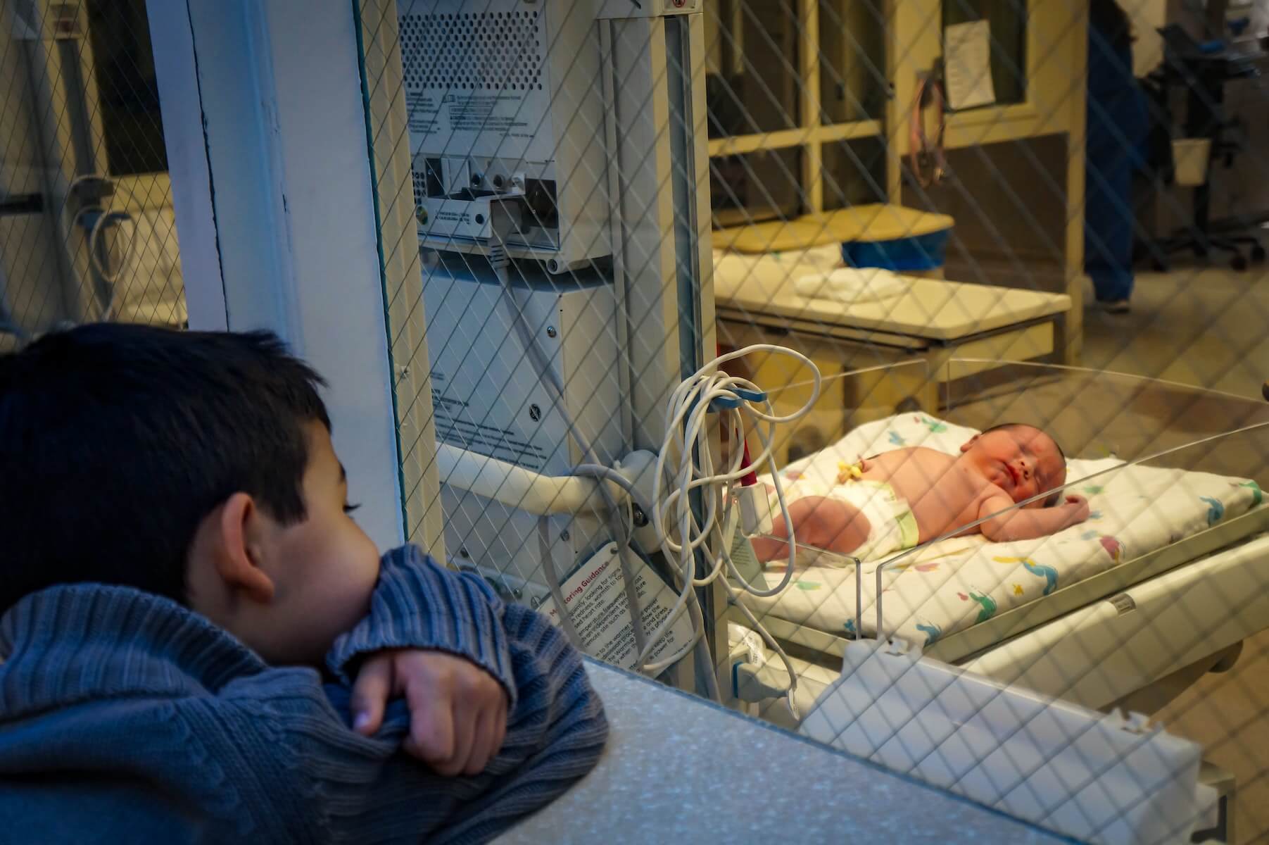 child looking through window at baby in hospital room nicu nursing
