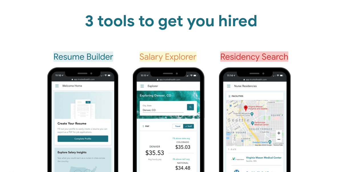 trusted health three iphones with trusted app helping new grad nurses get hired