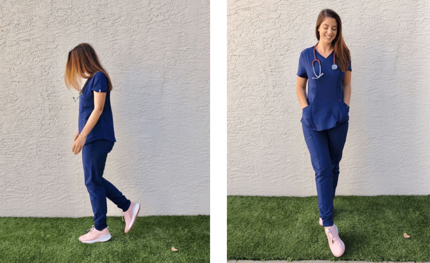 nurse trying on and posing in cherokee infinity scrubs review