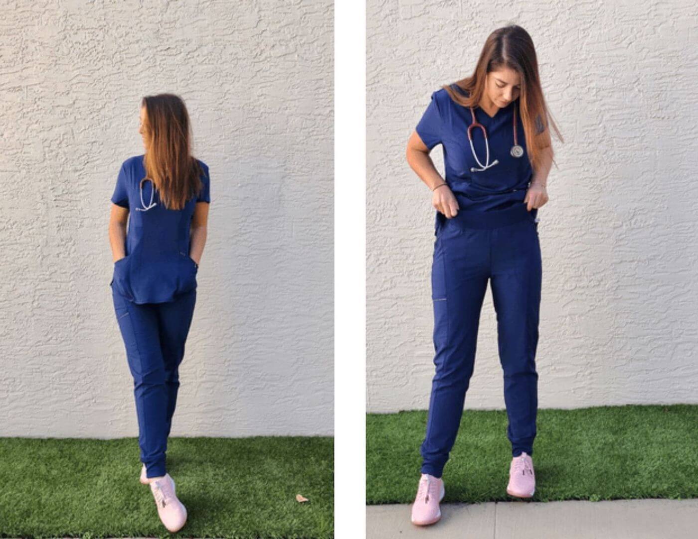 nurse trying on and posing in cherokee infinity scrubs review