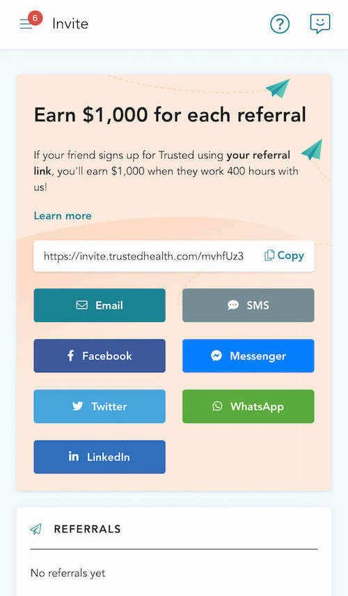 trusted health nurse dashboard refer a friend get paid