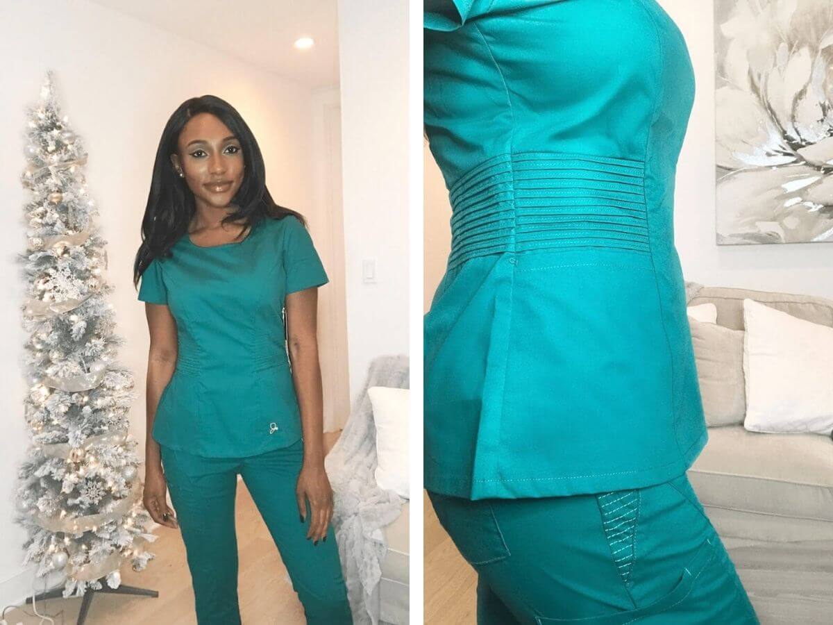 two photos of nurse wearing jaanuu scrubs blue nursing scrubs review