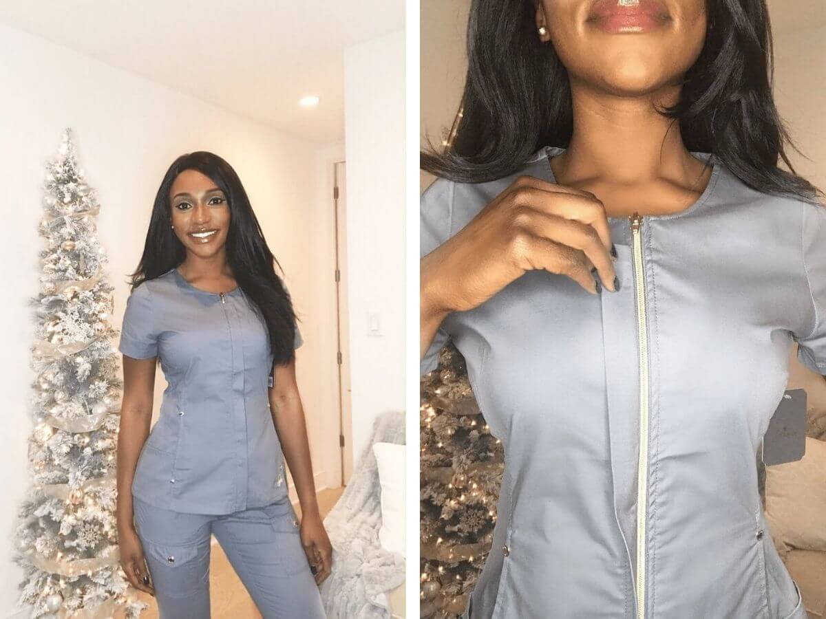 two photos of nursing trying on grey jaanuu scrubs nursing scrubs review