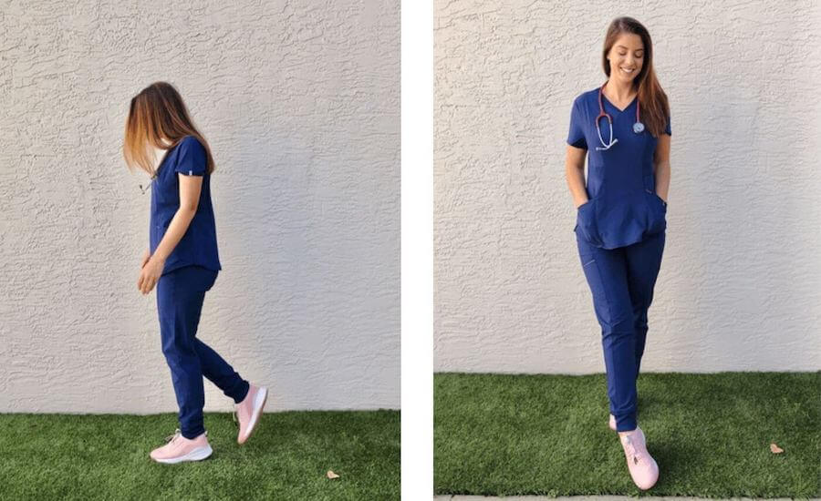 nurse trying on and posing in cherokee infinity scrubs review