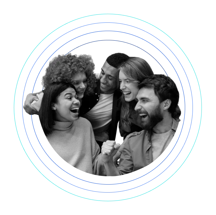 Grayscale image of happy co-working people with gradient rounded outlines