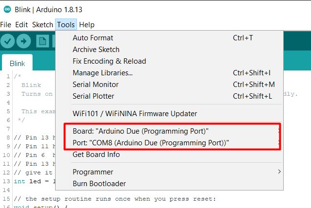 Arduino IDE chosen port and board