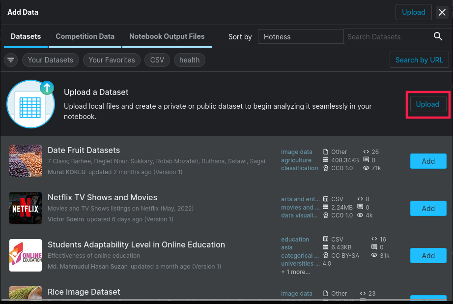 kaggle add data screen