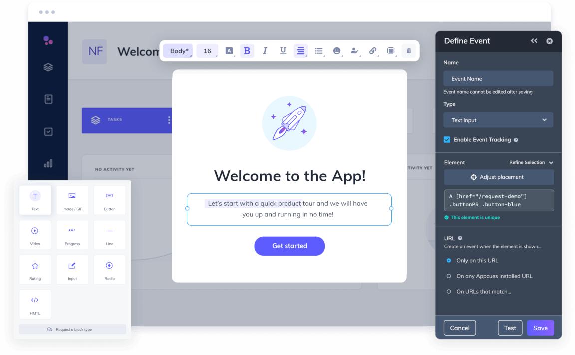 Picture showing the Appcues builder and how easy it is to drag and drop content