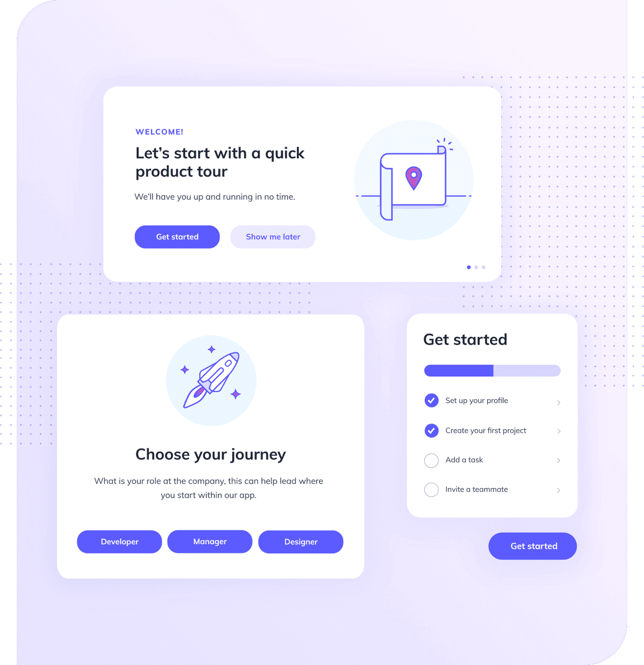 Image of a two onboarding modals and an onboarding checklist