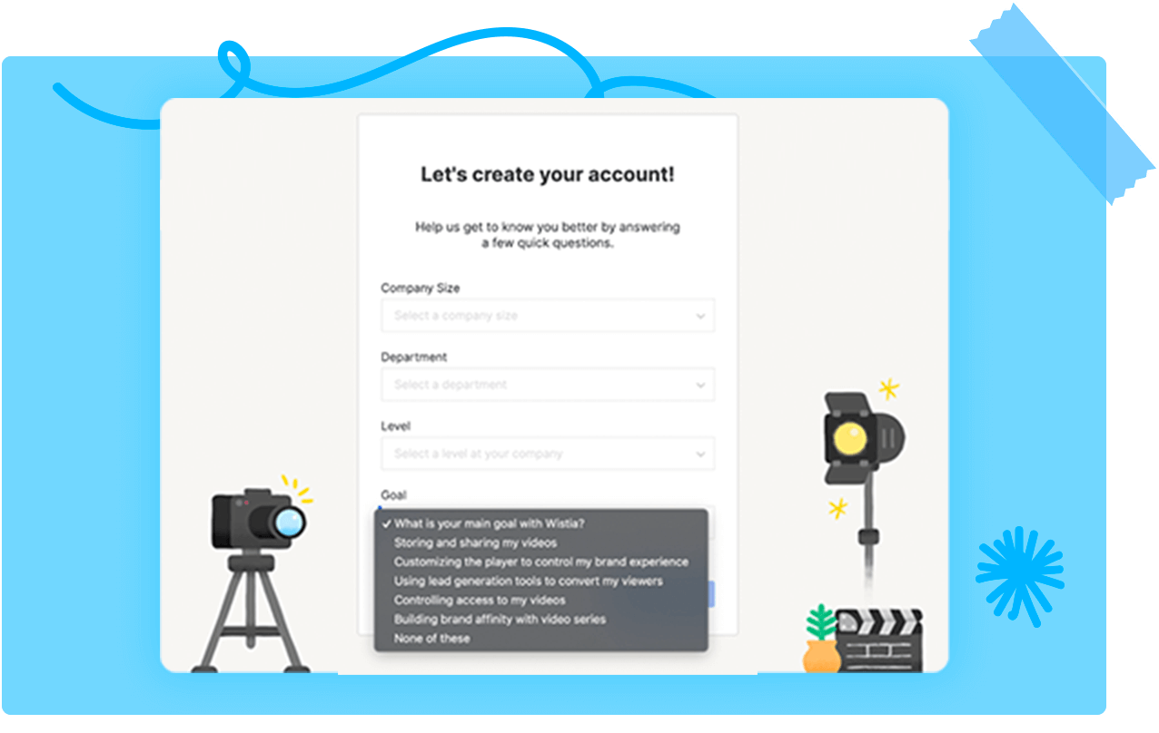 Image of an account sign up from Wistia showing explanation dropdowns