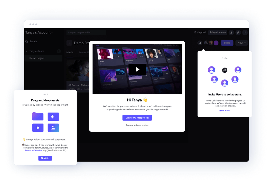Image of frame.io app with multiple Appcues flows pictured