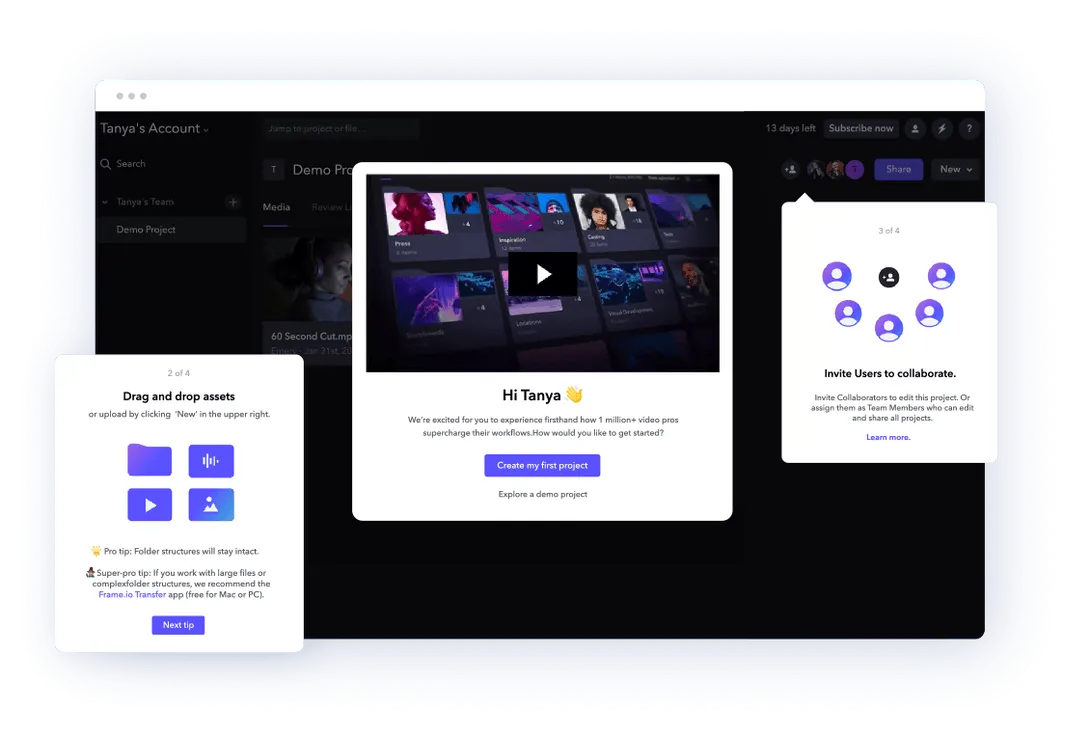 Image of frame.io app with multiple Appcues flows pictured