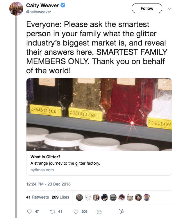 This is a tweet about the great glitter mystery of late 2018. This is a tweet about the NY Times article about where glitter comes from
