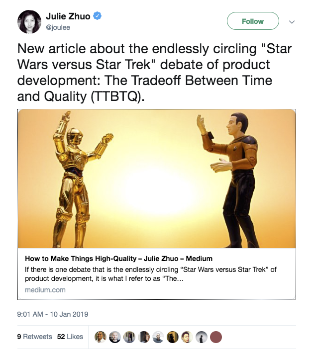 This is a tweet from Julie Zhup, the VP of product design at Facebook. It is a link to a Medium article about the tradeoff between time and quality (ttbtq)