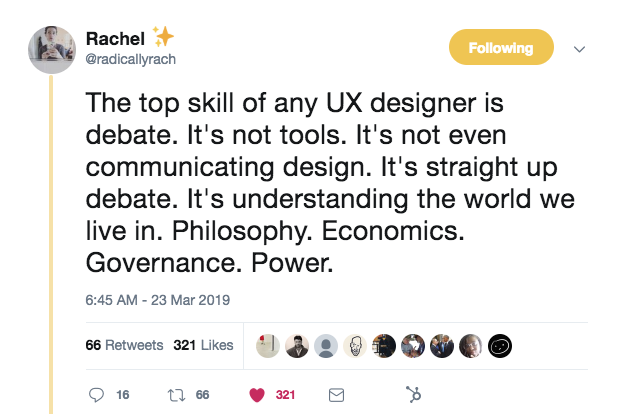 this is a tweet from @radicallyrach about the top skills ux designers need. the author argues that the most important skill for ux designers is debate.
