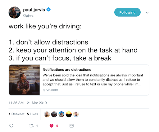 this is a tweet from @pjrvs about single-tasking aka working on one thing at a time and taking a break when you lose focus