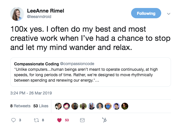 this is a tweet from leeanne rimel about balancing work and relaxation for optimal creativity