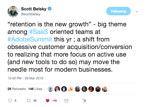 this is a tweet from scott belsky cpo of adobe, who notes that "retention is the new growth" was a big theme for saas companies at this year's adobe summit
