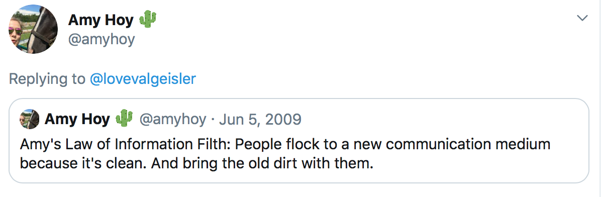 this is a twitter reply from amyhoy to val geisler about how people flock to new modes of communication and social media channels