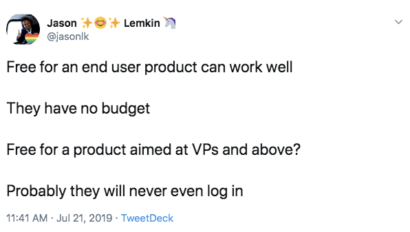 a tweet from @jasonlk about freemium and free trial software