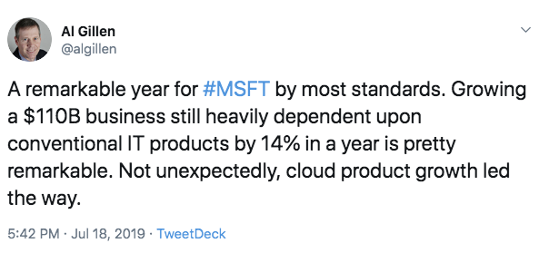 a tweet from @algillen about microsoft's growth in 2019 thanks to cloud product growth