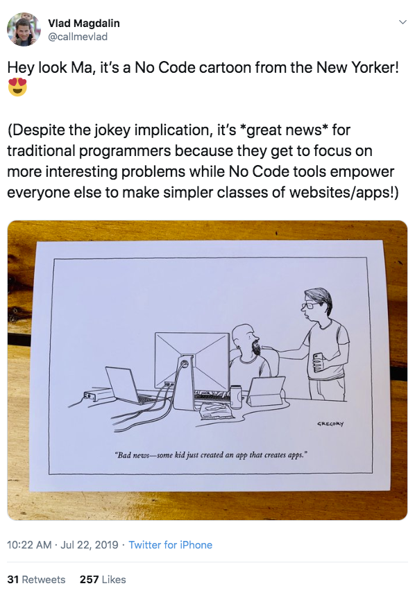 tweet from @callmevlad about no-code WYSIWYG tools