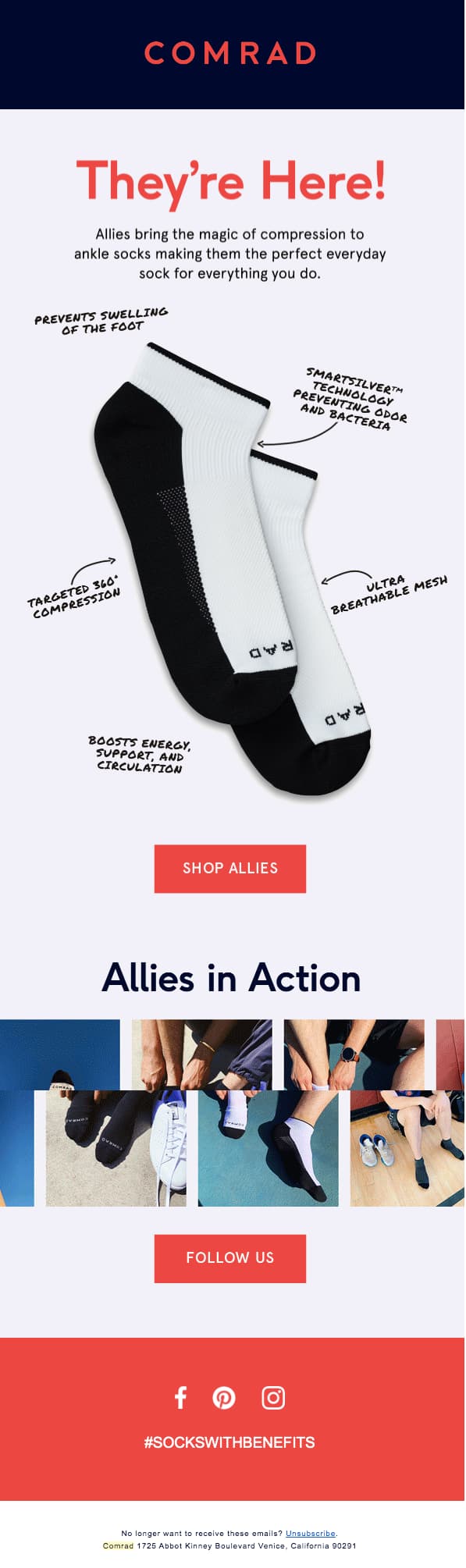 comrad compression socks ecommerce email marketing new apparel product example
