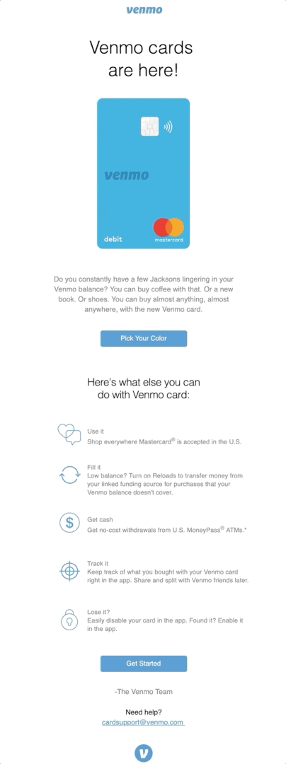 venmo card announcement product launch email example with gif