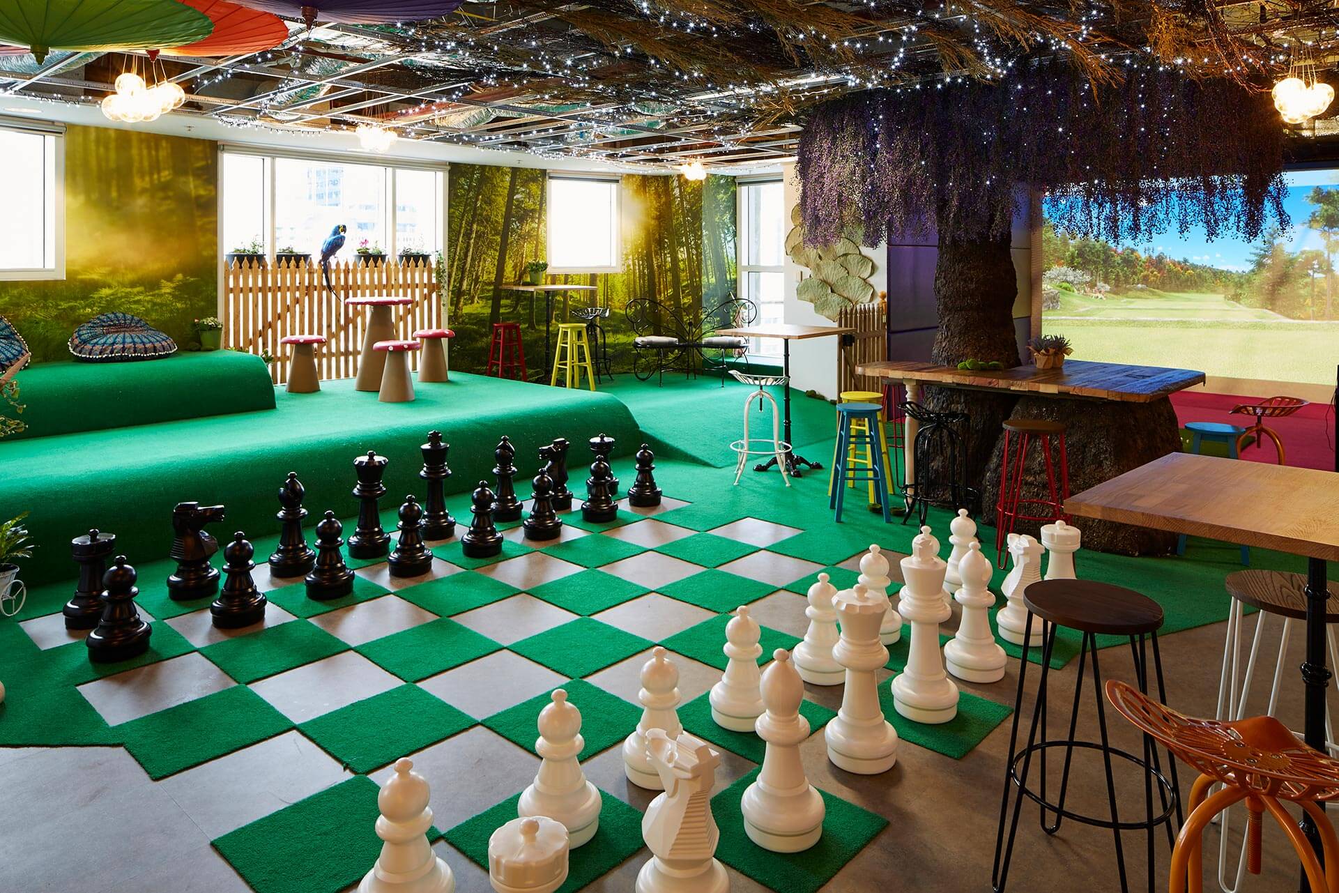 Photo of the Enchanted Garden's giant chess board in the BlueRock Melbourne CBD office.