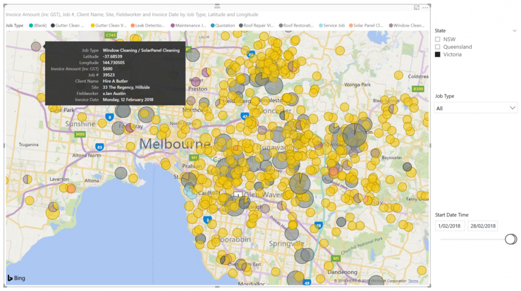 Visualisation software to provide a geo-spatial representation of job activity for the business