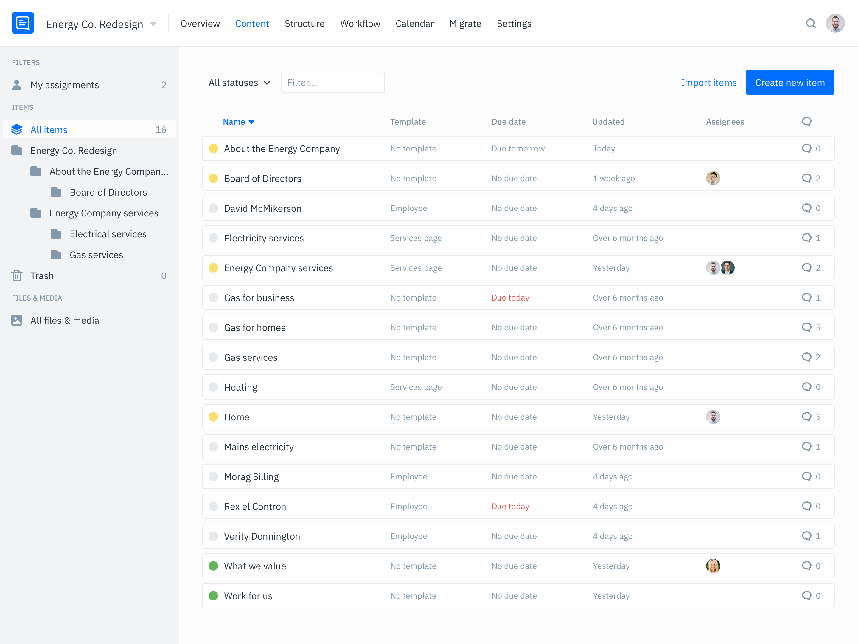GatherContent內容中心用戶界面
