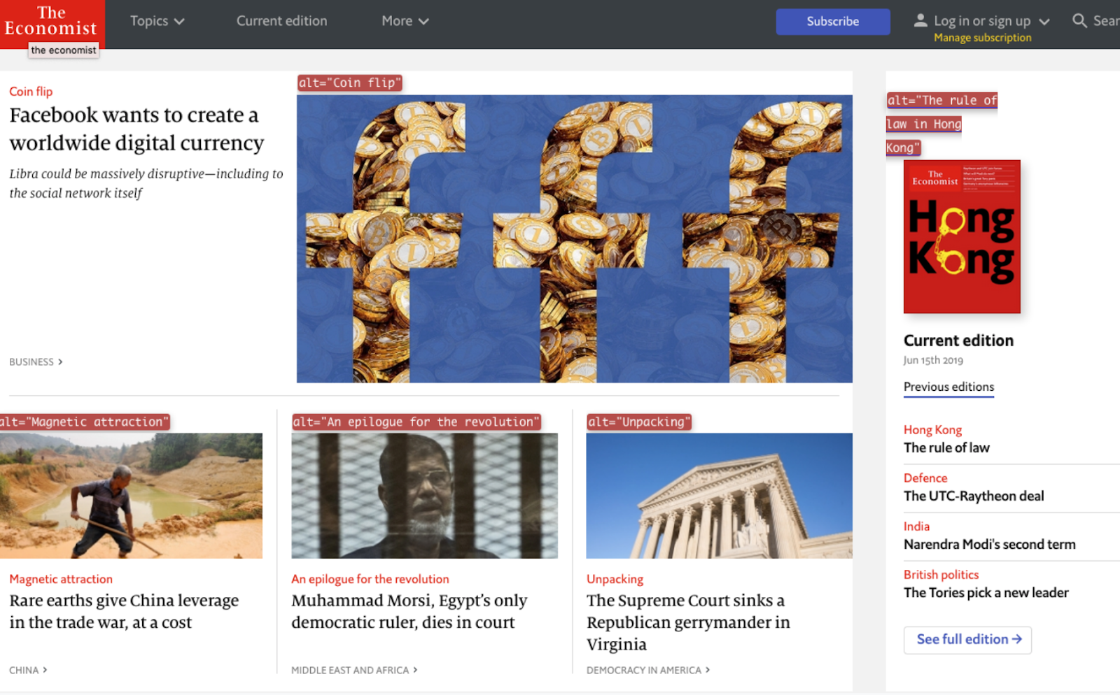 Slide shows the alt text on images on the Economist website