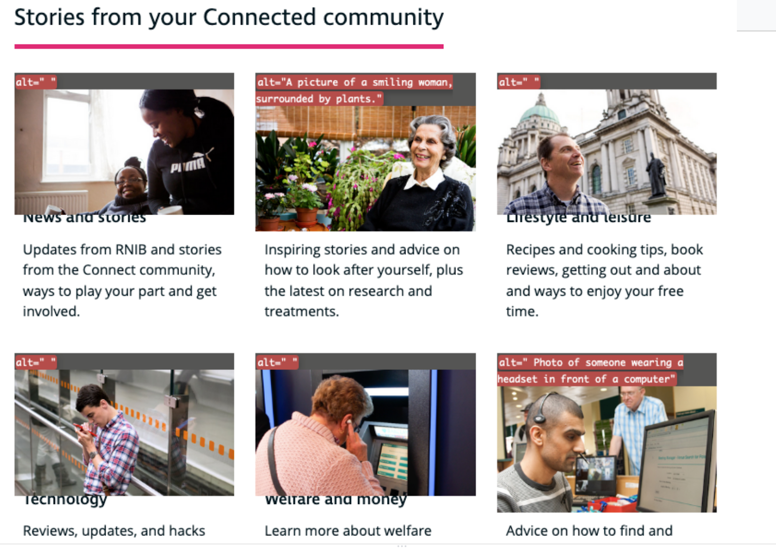 Slide shows alt text, or lack of alt text, on a website with images