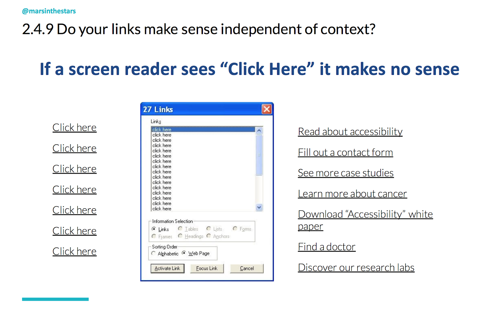 Slide shows how 'click here' makes no sense outside of context