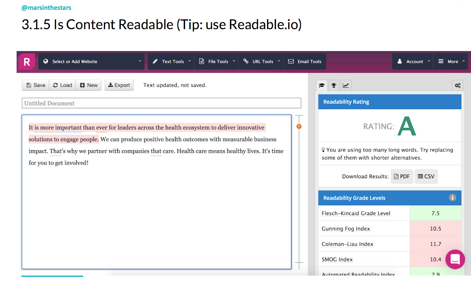 Slide shows some text in the readable app which is graded using Flesch-Kincaid Grade Level, Gunning Fox Index, Coleman-Liau Index and SMOG Index. It shows the readability rating and tips for improving it (e.g. "you are using too many long words. Try replacing them with shorter alternatives.")