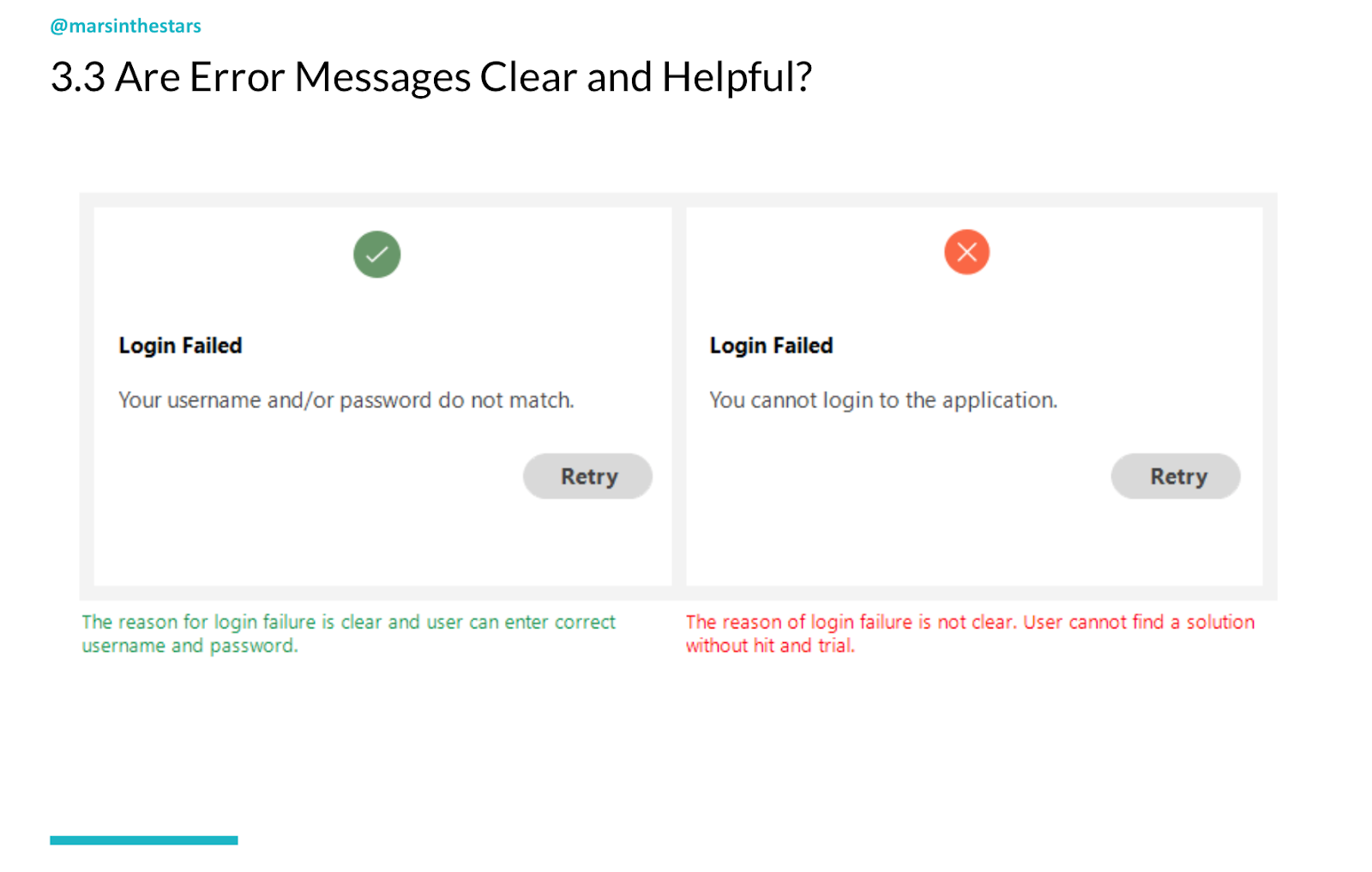 Slide shows how 'your username and password don't match' is better than 'you cannot login' when creating error messages, as it gives a reason