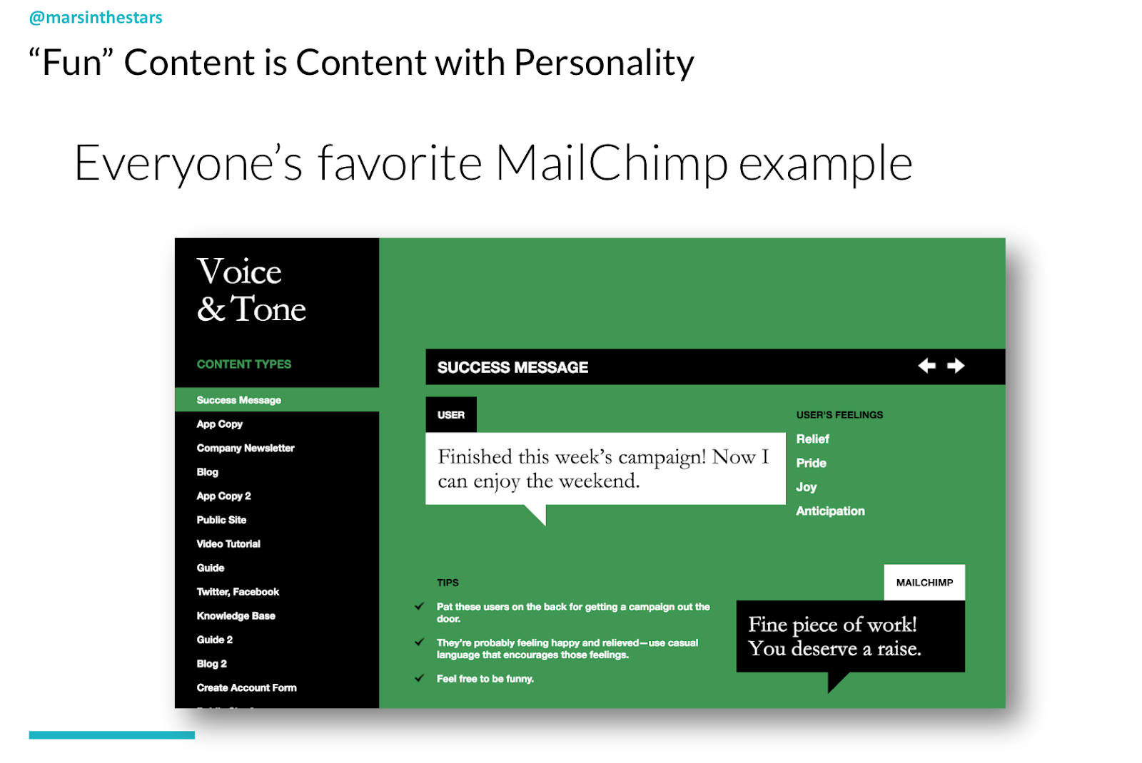 Slide shows Mailchimp's old voice and tone guidelines which show we can be fun, and inject personality into content. It shows their success message should be matched to user feelings of relief, pride, joy and anticipation when they finish a project. The message is 'fine piece of work! You deserve a raise.'