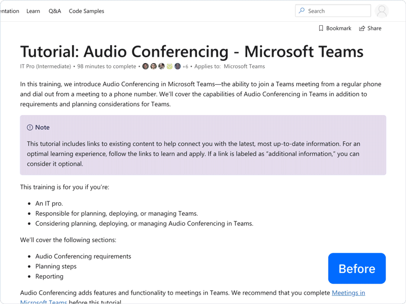 Before and after screenshots of a Microsoft Teams page.